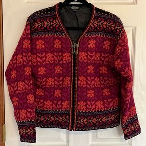 Icelandic Design Women’s Pink Floral Zip Up Wool Textured Sweater Jacket Sz Med